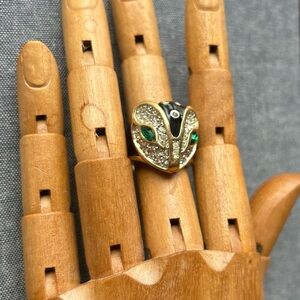 Vintage Gold Plated Owl Fox Onyx Rhinestone Statement Ring
